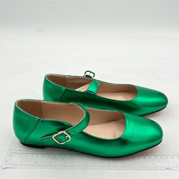 FYS Green Square Toe Low Heel Mary Jane Pumps Flats Ballets Buckled Dress Shoes - Picture 4 of 8
